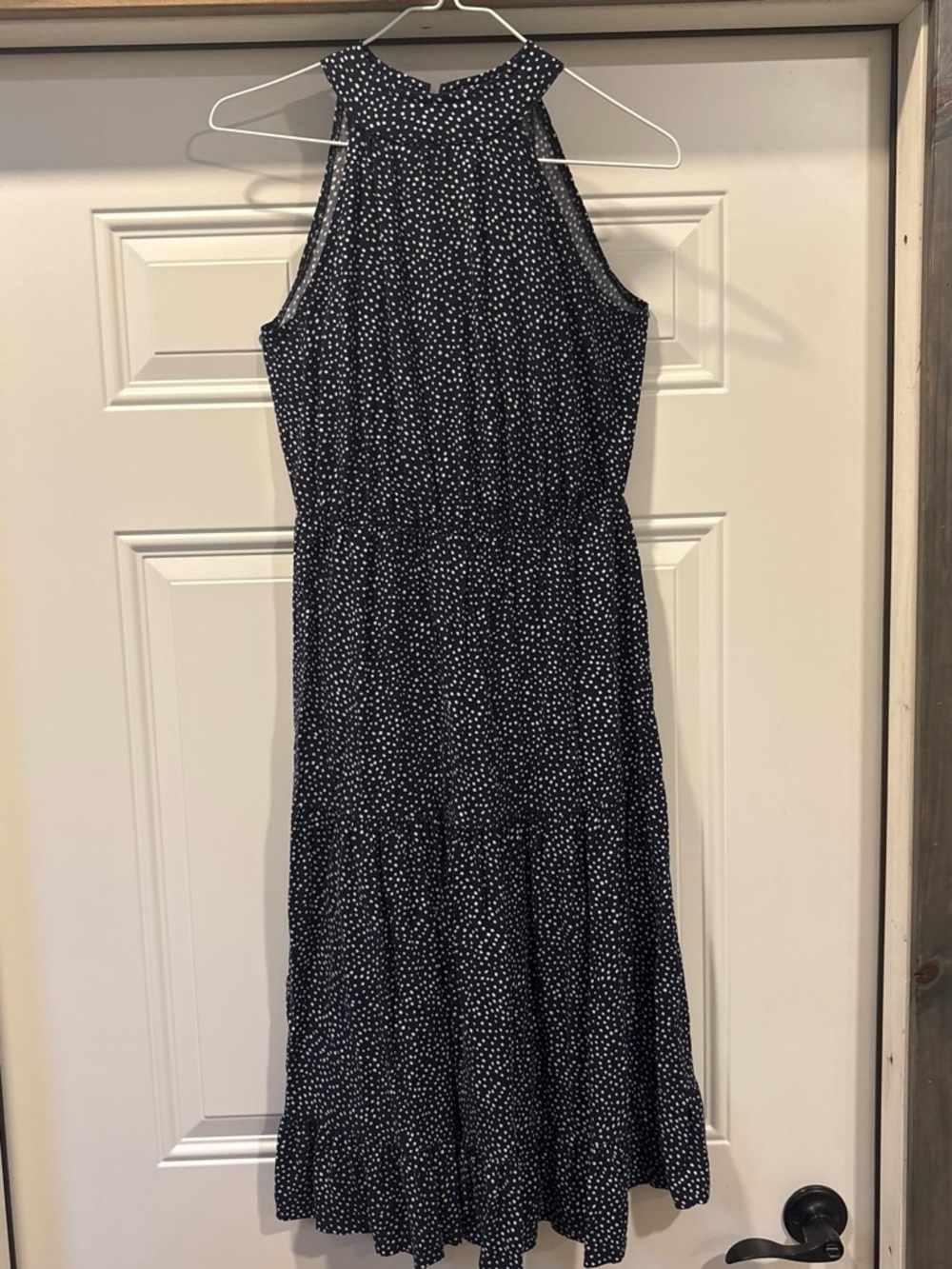 women’s dark blue and white midi halter neck dress